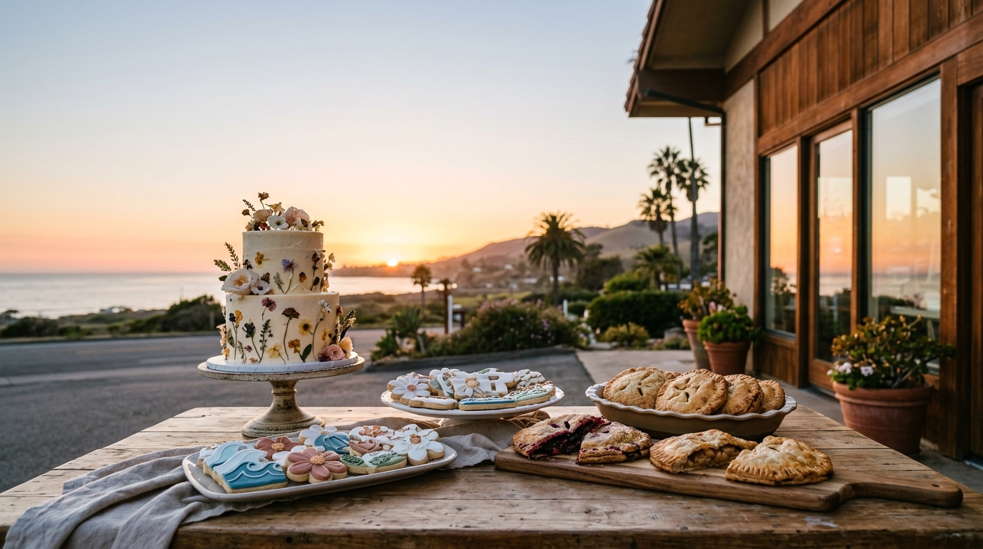 A decorated cake and sugar cookies on a wooden board